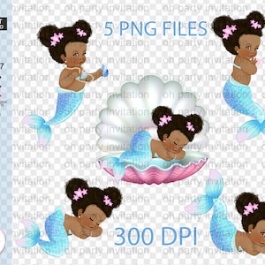Black Mermaid png Sleeping Baby Girl clipart, African American Mermaid decor shell graphics, Sublimation mermaid princess Instant Download