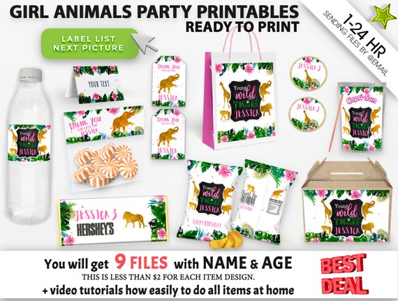Young wild and three decoration Girl Safari birthday party favors printable download Il_570xn