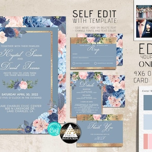 Floral Dusty pink and blue, blush pink and gold wedding invitation + cards Editable Template Instant Download