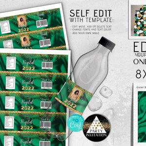 Editable Graduation Water bottle labels green gold with photo decorations 2025 senior class of 2025 party supplies download Corjl ANY YEAR