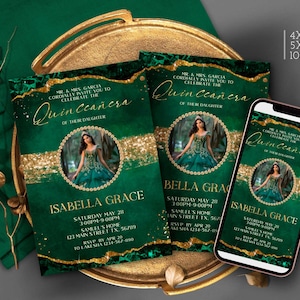 Emerald Green and Gold Quinceañera Invitation: Editable Spanish Evite (Digital)