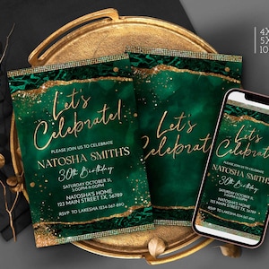 Emerald Green Gold Birthday Invitation Lets Celebrate 30th 40th 50th 60th 70th Green Party Invite for Him Her evite, Dinner Party Corjl T100