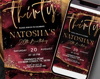 Burgundy Black Gold Birthday Invitation: Editable CANVA Template ANY AGE T108 (Digital Download)