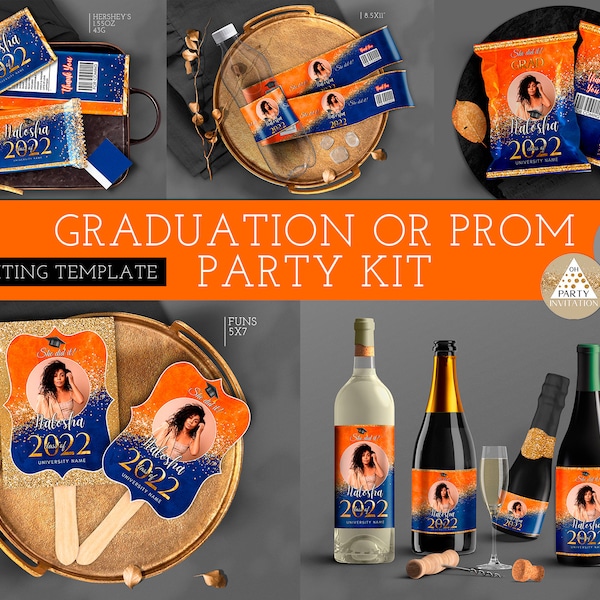 Editable Graduation Orange Blue Party decorations 2024 with pic Senior 2024 favors candy bar chip bag, fans, wine label, water bottle Corjl