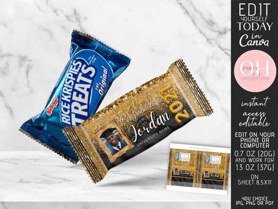 Editable Graduation Rice Krispies labels black gold favor, class of 2021 party Grad decorations with photo supplies download CANVA Il_570xn