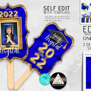Editable Graduation fans royal blue gold Centerpiece Graduation photo booth navy party decorations favors 2025 Girl Boy Corjl DIY ANY YEAR
