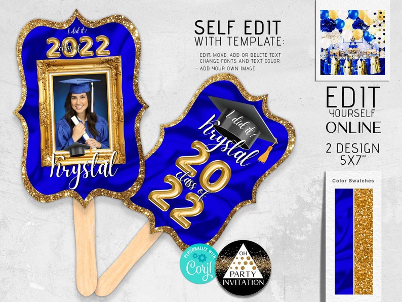 Editable Graduation fans royal blue gold Centerpiece Graduation photo booth navy party decorations favors 2022 Girl Boy Corjl DIY ANY YEAR 