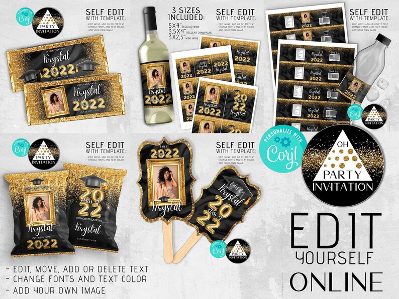 Editable Black Gold Graduation Party kit Candy bar, chip bag, fans, wine label, water bottle label party decorations 2022 Corjl DIY ANY YEAR 