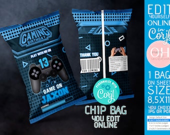 Game on chip bag blue printable birthday decorations gamer party supplies digital download Editable on Corjl