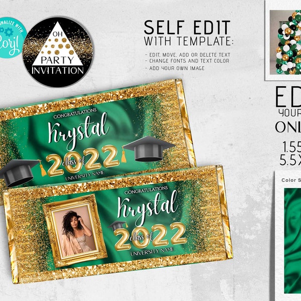 Editable Graduation Candy bar with photo, Green gold Graduation candy bar party decorations chocolate wrapper favors 2024 Corjl ANY YEAR