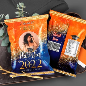 Editable Graduation Orange Blue Chip bag with pic Senior 2025 party favors, treats bags, candy bags Instant Download DIY Corjl