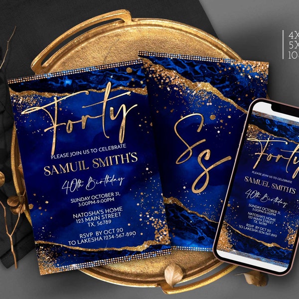 40th Birthday Invitation Royal Blue and Gold Party Invites Printable template for Him or Her Evite Digital Download Corjl T107 ANY AGE