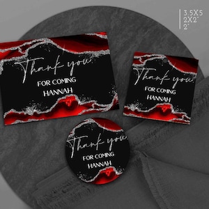 Editable Birthday Thank you card Red Black Silver birthday decoration party supply thank you tags adult download Corjl T108 ANY AGE