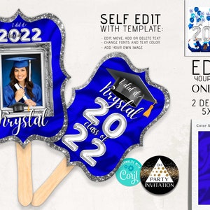 Editable Cobalt blue Silver Graduation Party Decorations Fans Graduation centerpieces 2025 with picture Corjl