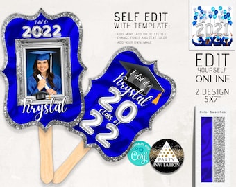 Editable Cobalt blue Silver Graduation Party Decorations Fans Graduation centerpieces 2024 with picture Corjl