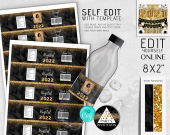 Editable Graduation Water bottle labels black gold template, Graduation decorations with photo class of 2025 party download CORJL ANY YEAR
