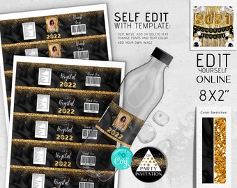 Editable Graduation Water bottle labels black gold template, Graduation decorations with photo class of 2024 party download CORJL ANY YEAR