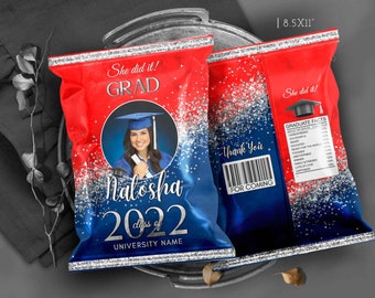 Editable Graduation Red Blue Chip bag with silver glitter Senior 2024 favors centerpieces Party decorations table treats 2024 Corjl