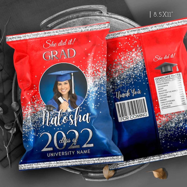 Editable Graduation Red Blue Chip bag with silver glitter Senior 2024 favors centerpieces Party decorations table treats 2024 Corjl