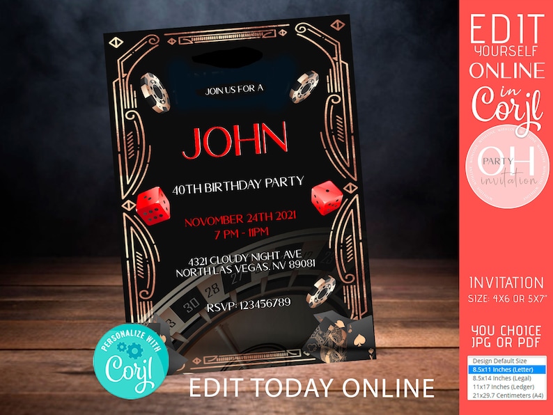 Editable Vegas birthday party invitation template 30th 40th 50th Casino Roaring 20s Party Black Gold Red invite printable