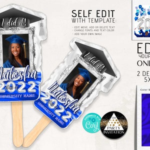 Editable Royal blue Silver Graduation Party Decorations Fans grad 2025 with picture Corjl