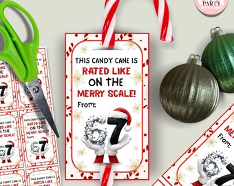 Può includere: Un'etichetta stampabile a tema natalizio con il testo "This Candy Cane is Rated Like on the Merry Scale!" e un bastoncino di zucchero. L'etichetta presenta un design festivo con fiocchi di neve e un cappello di Babbo Natale.