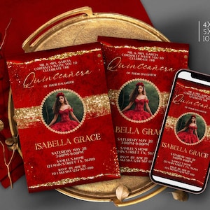 Red quinceanera invitations, Gold and red quinceanera tiara invites red quinceañera dress, evite Quince invitation spanish Editable Corjl