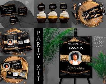 Black Gold Party Bundle: Photo Poster, Chocolate bar, Chip bags, Bottle Labels, Thank you cards, Candy Topper T901G (Canva Templates)