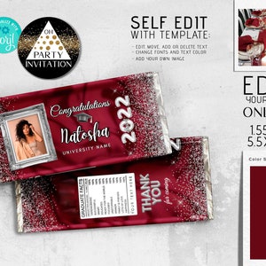 Editable Graduation Candy bar, Graduation decorations 2025, Silver Burgundy class of 2025 party favors Chocolate wrapper Corjl ANY YEAR