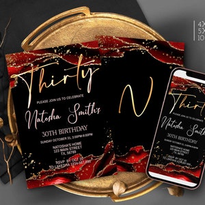 30th Birthday Invitation Red Black and Gold Party Invites Printable template for Him or Her Evite Digital Download Corjl T108 ANY AGE