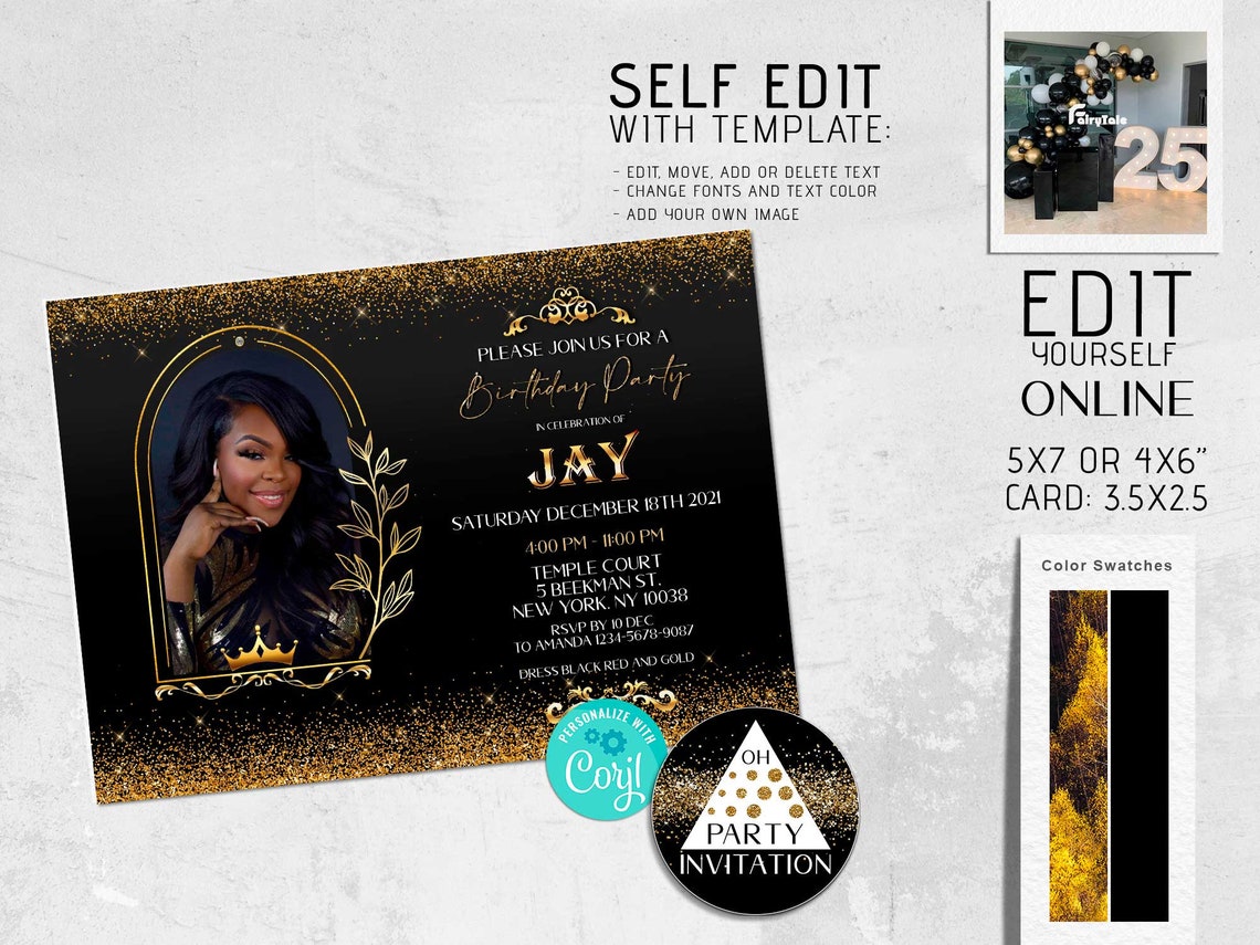 Black and Gold Birthday Invitation With Picture - Any Age (corjl ...