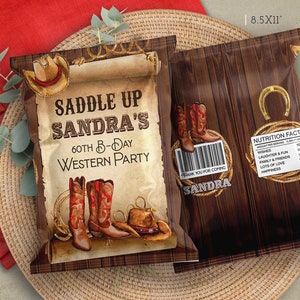 Editable Western Cowboy chip bag birthday decorations Rodeo Saddle up party supplies adult favors printable instant download DIY on Corjl