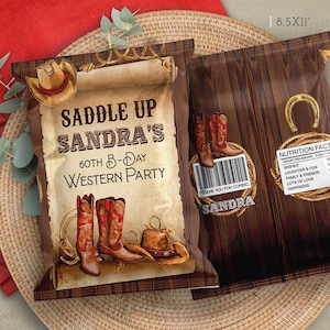 Editable Western Cowboy chip bag birthday decorations Rodeo Saddle up party supplies adult favors printable instant download DIY on Corjl