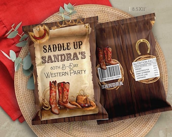 Editable Western Cowboy chip bag birthday decorations Rodeo Saddle up party supplies adult favors printable instant download DIY on Corjl