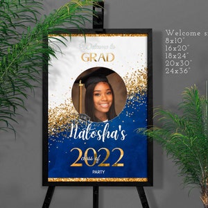 DIY Graduation Welcome sign Blue White Gold glitter template Party decorations yard sign with photo Senior 2023 favors Editable on Corjl