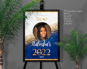 DIY Graduation Welcome sign Blue White Gold glitter template Party decorations yard sign with photo Senior 2024 favors Editable on Corjl