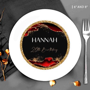 Red, Black Gold Charger Plate Inserts: Dinner Birthday Party Favors T108G (Editable Canva Template)
