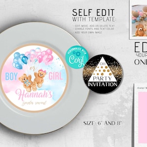 Editable We Can Bearly Wait Teddy Bear Gender reveal Plate labels party decorations he or she decor favor Download Corjl
