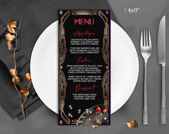 Editable Casino Birthday Dinner Menu Template, Red Black Gold Vegas Party 5x7" (Downloads Canva Template)