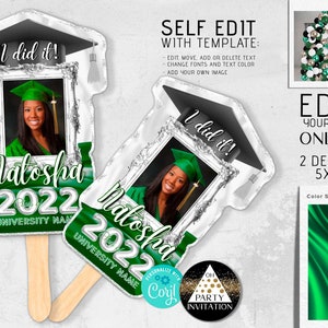 Editable Graduation Photo Fans: Green & Silver Favors, Any Year (Digital)