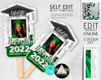 Editable Graduation Green Silver favors 2024 Fans with pic Class of 2024 centerpieces Corjl ANY YEAR