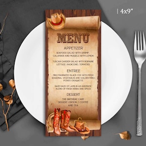 Editable Western Cowboy Menu Card Template birthday decorations Rodeo Saddle up party supplies adult favors instant download DIY on Corjl