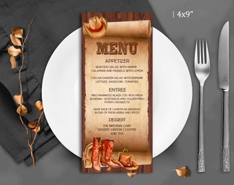 Editable Western Cowboy Menu Card Template birthday decorations Rodeo Saddle up party supplies adult favors instant download DIY on Corjl