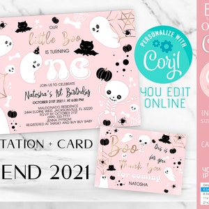 Pink Halloween Birthday Invitation: Little Boo Party (Printable, Edit on Corjl)