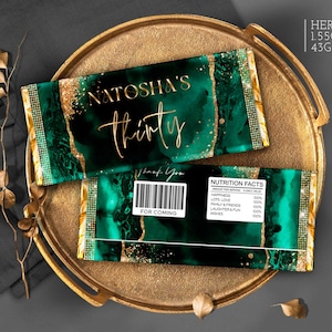 Emerald Green Black Gold 30th Birthday Candy Bar Wrapper T100G (Editable Downloads Canva Template)