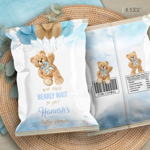 We Can Bear Wait Editable Chip bag Boy Teddy Bear baby shower party decorations favor decor Download Corjl