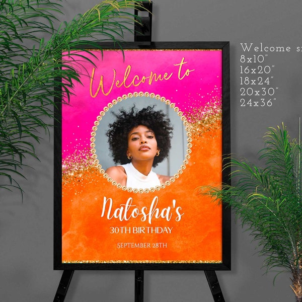 Orange and Pink Gold Birthday Welcome sign, Adult Party Invite Printable template with photo banner Digital Download Corjl T118 ANY AGE