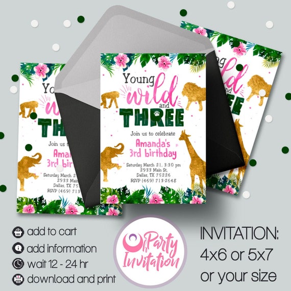 Young wild and three invitations printable Birthday Party Girl Pink Gold baby announcement digital download Il_570xn