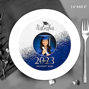 Editable Charger Plate Insert Graduation Blue White Silver Party deco 2025 Senior party favors 2025 favors Corjl