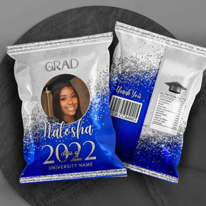 Editable Royal blue and Silver Graduation Party Decorations Chip bag grad 2025 with photo Corjl